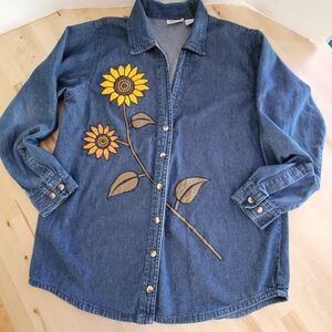 Womens Denim Button Up Shirt L Sunflower Embroidered Shacket Vtg Country Chic